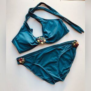 Beautiful teal bikini with jewel accents.
